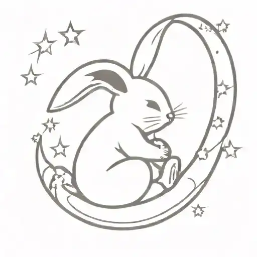Toy Stuffed Baby Bunny Sitting On A Crescent Moon With Its Legs Dangling Over The Moon