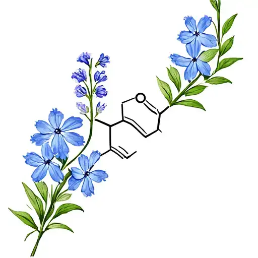 I Want A Fine Line Serotonin Molecule With Forget Me Not Flowers And Larkspur Flowers