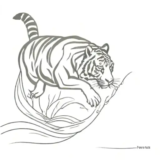 A Minimalist Tattoo Of A Tiger Gracefully Leaping Over A Flowing River In A Natural Setting