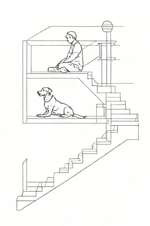 A Person And A Dog Sitting Facing Forward On The Top Of A Staircase