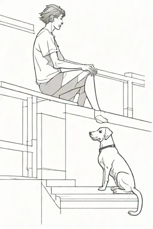 A Person And A Dog Sitting Facing Forward On The Top Of A Staircase