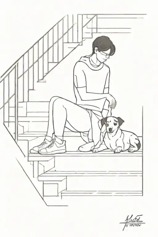 A Person And A Dog Sitting Facing Forward On The Top Of A Staircase