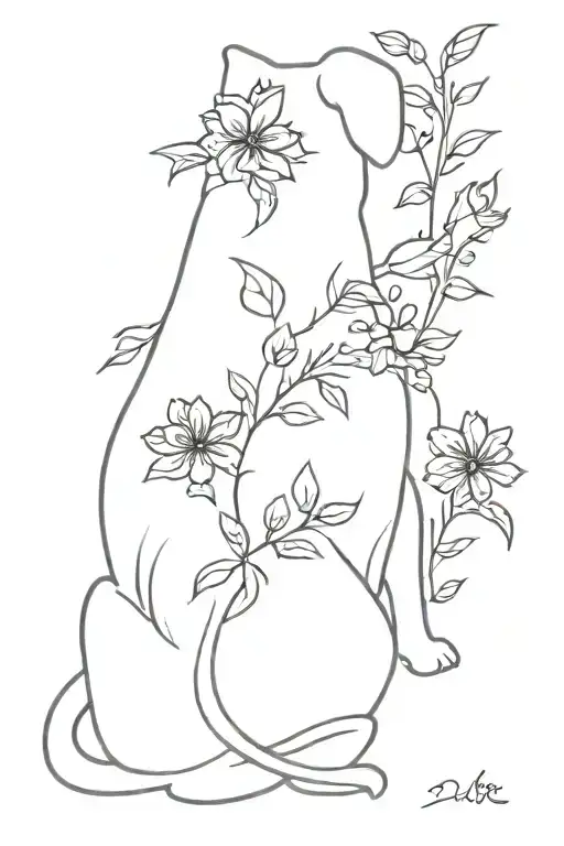 Fine Line Dog Back Silhouette With Flower Vine
