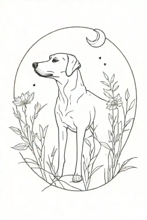 Dog Looking To Moon In A Wild Flower Garden