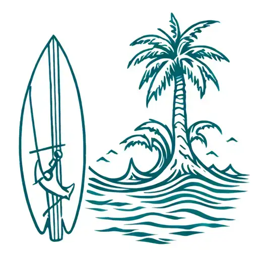 Palm Tree With Surfboard On Tree With Anchor And Wave