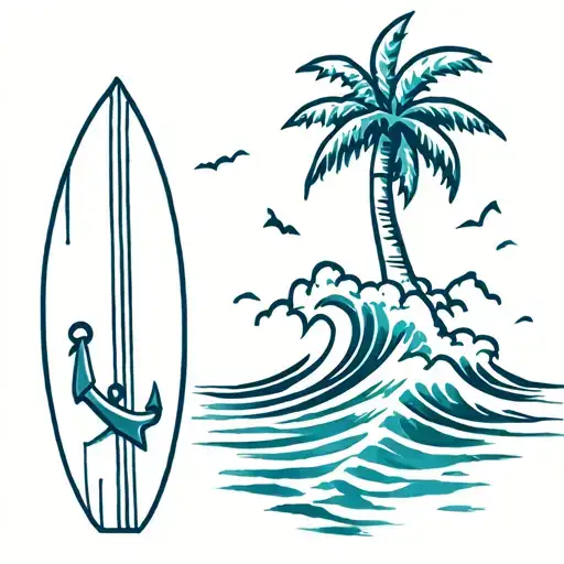 Palm Tree With Surfboard On Tree And Anchor And Wave
