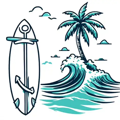 Palm Tree With Surfboard On Tree And Anchor In Background And Wave