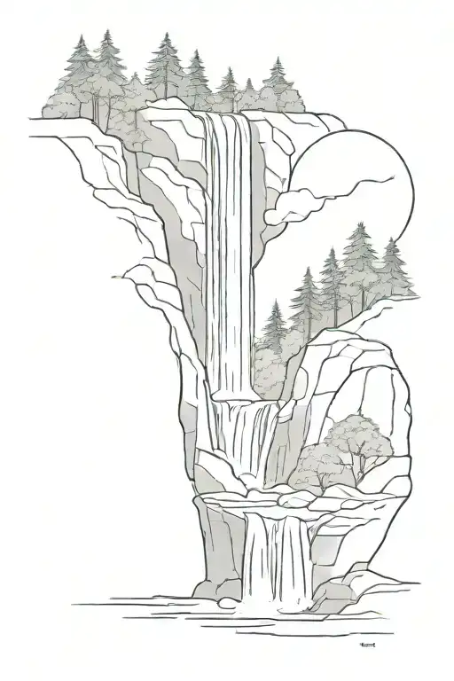 Double Waterfall With A Forest And Small Bridge To The Right Side