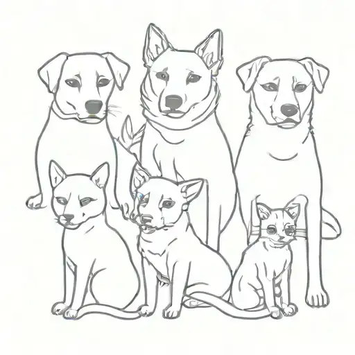 4 Dogs And A Cat Sitting