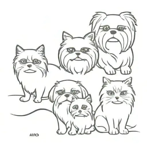 4 Shih Tzu And A Cat Sitting