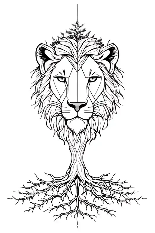 Lion Head With Trees And Roots Growing Underneath With Geometric Elements And Gemini