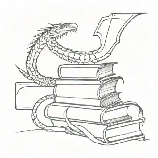 Stack Of Books Wrapped In A Snake And Dragons Flying Over It