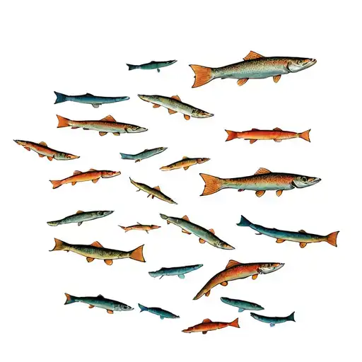 Overhead View Of Rainbow Trout In Trident Formation Swimming