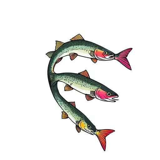 Overhead View Of Three Rainbow Trout In Trident Formation Swimming