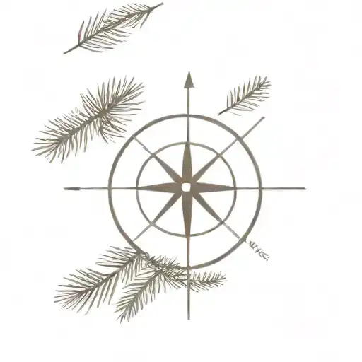 A Minimalist Tattoo Of A Compass Surrounded By Pine Tree Branches