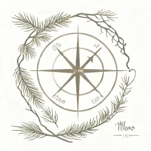A Minimalist Tattoo Of A Compass Surrounded By Pine Tree Branches With The Name Moore In It