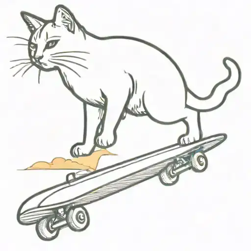 A Minimalist Tattoo Of A Cat Doing A Kickflip On A Skateboard With A Sunset Background