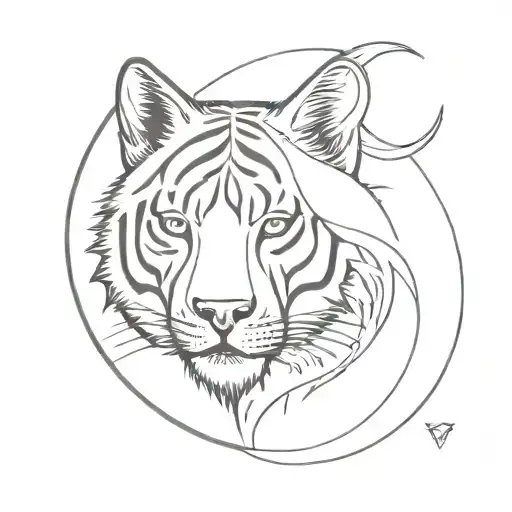 Half Tiger Gave And Half Wolf Face Inside A Moon