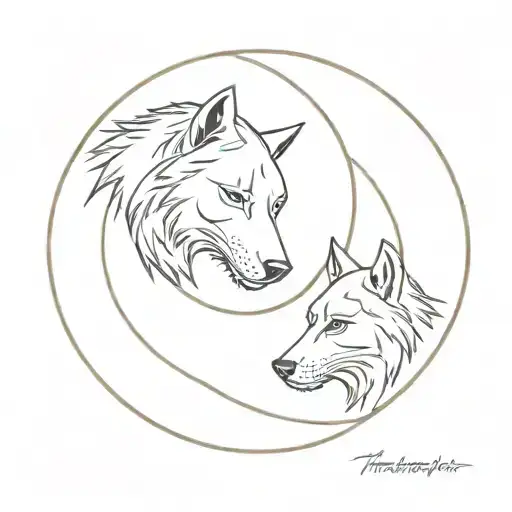 One Half Tiger Face And The Other Half A Wolf Face Split Down The Middle Inside A Moon