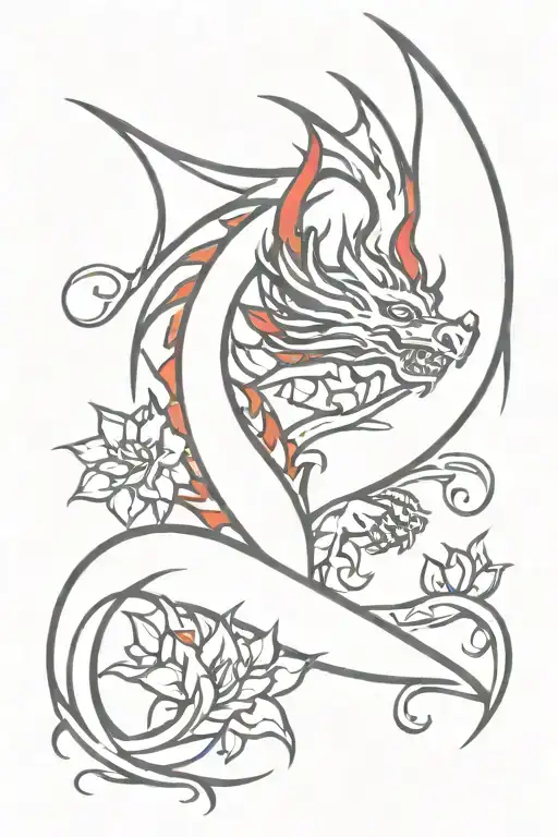 Black Dragon With Red Flames Or Flowers Blooming