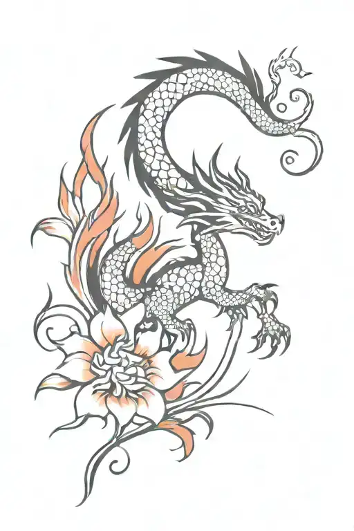 Black Dragon With Red Flames Or Flowers Blooming And Fire