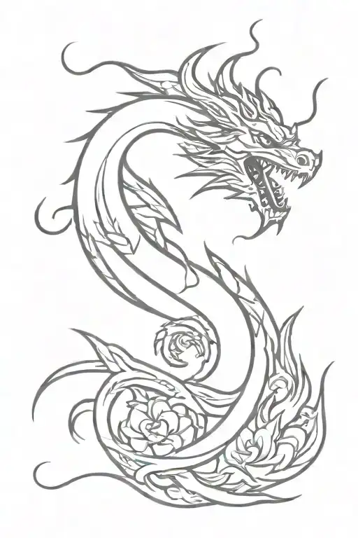Black Dragon With Red Flames Or Flowers Blooming And Fire