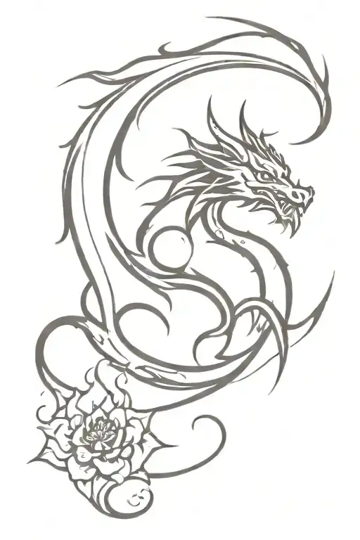 Black Dragon With Red Flames Or Flowers Blooming And Fire