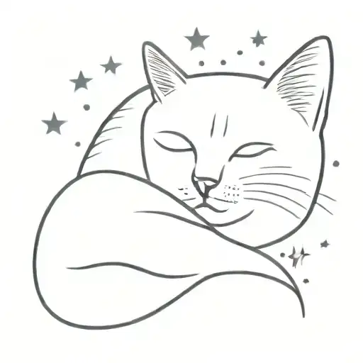 A Minimalist Tattoo Of A Cat Curled Up Under A Starry Night Sky
