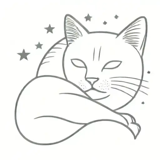 A Minimalist Tattoo Of A Cat Curled Up Under A Starry Night Sky