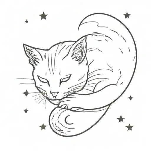 A Minimalist Tattoo Of A Cat Curled Up Under A Starry Night Sky