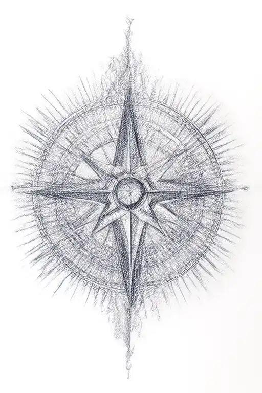 A Detailed Compass Rose Surrounded By Flowing Water And Sun Rays Representing Guidance And Strength