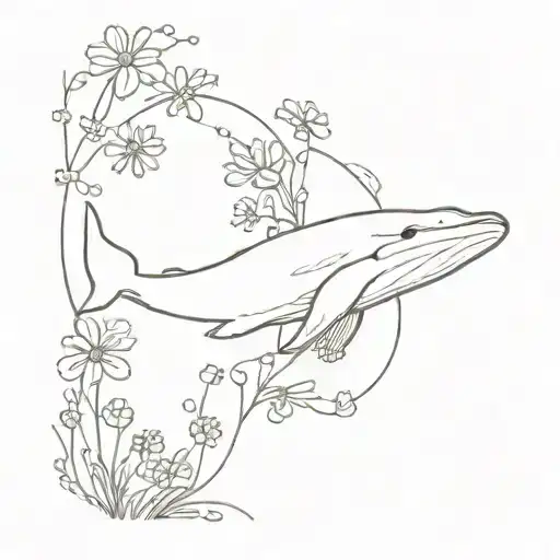 A Minimalist Tattoo Of A Whale Swimming In The Ocean With Daisies Floating Around It