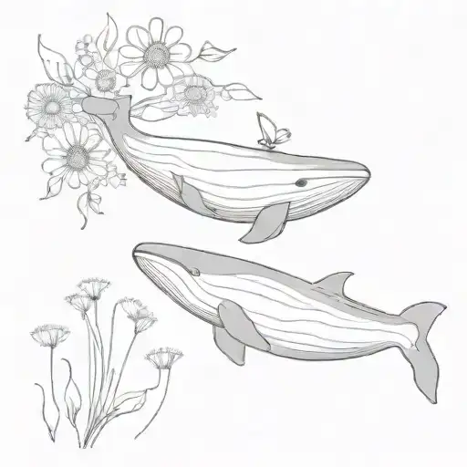 A Minimalist Tattoo Of A Whale Swimming In The Ocean With Daisies Floating Around It