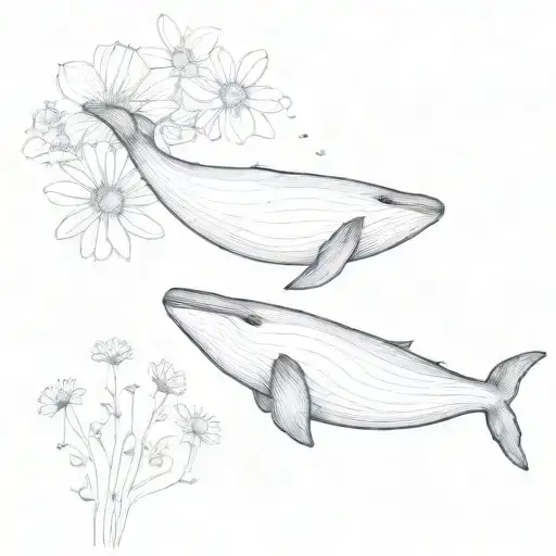 A Minimalist Tattoo Of A Whale Swimming In The Ocean With Daisies Floating Around It