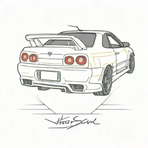 A Minimalist Tattoo Of A White Nissan Skyline R34 With Neon Lights In The Background