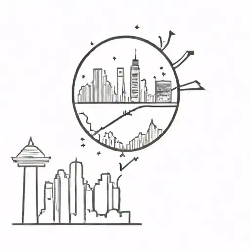 A Minimalist Tattoo Of A Tokyo Skyline With Lofi Music Notes Floating Around