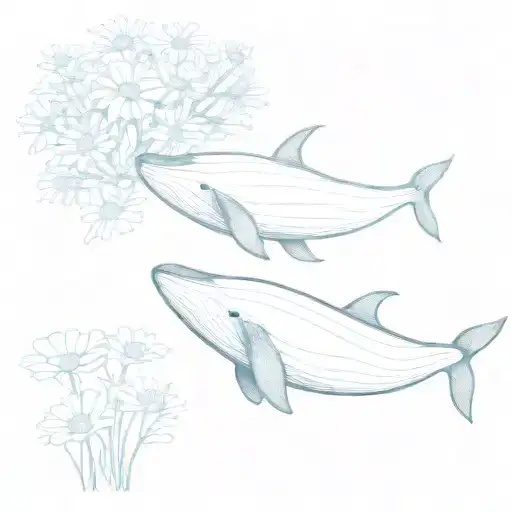 A Minimalist Tattoo Of A Whale Swimming In The Ocean With Daisies Floating Around It