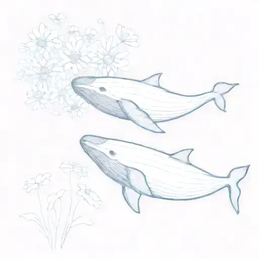 A Minimalist Tattoo Of A Whale Swimming In The Ocean With Daisies Floating Around It