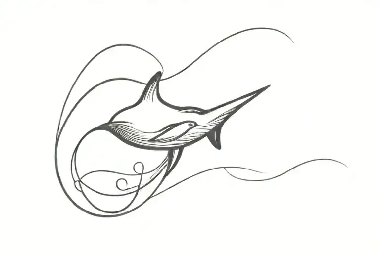 A Minimalist Blackwork Tattoo Of A Stingray Silhouette Against A Backdrop Of Swirling Water