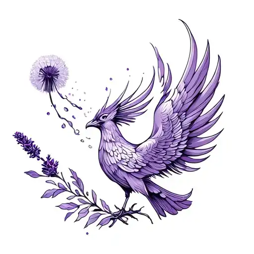Phoenix Bird With Lavender And Dandelion Blowing