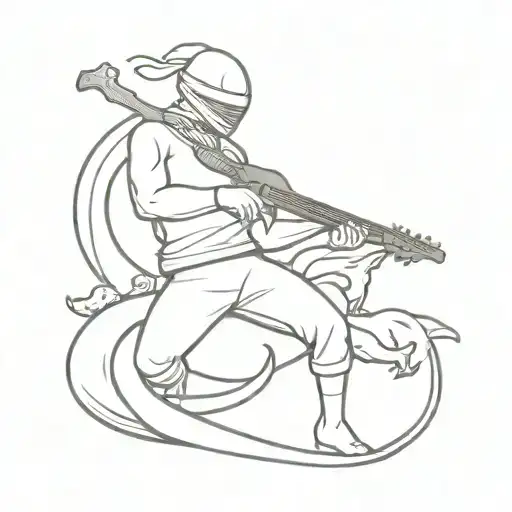 A Minimalist Tattoo Design Of A Ninja Playing A Guitar On The Back Of A Dragon