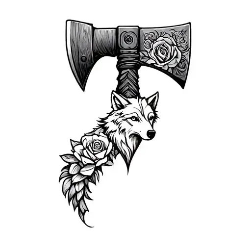 Axe With Wolf Blended By Roses