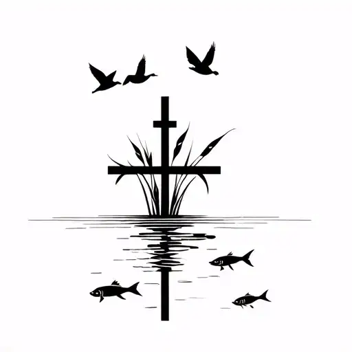 Black Cross With Ducks Flying And Reeds On Top And Water With Fish On The Bottom