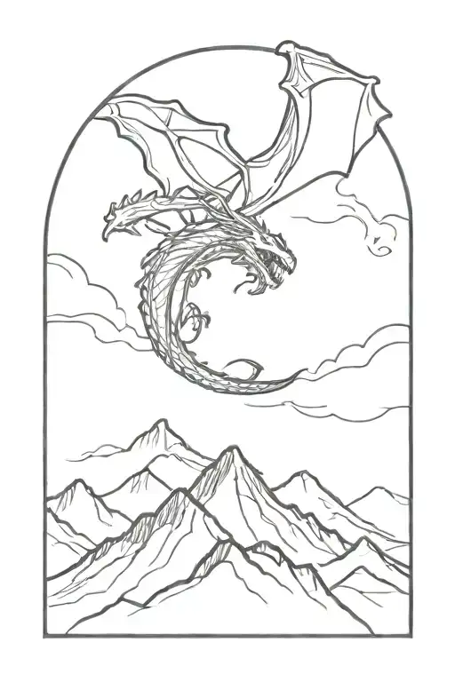 A Minimalist Tattoo Design Of A Dragon Flying Over A Mountain Range