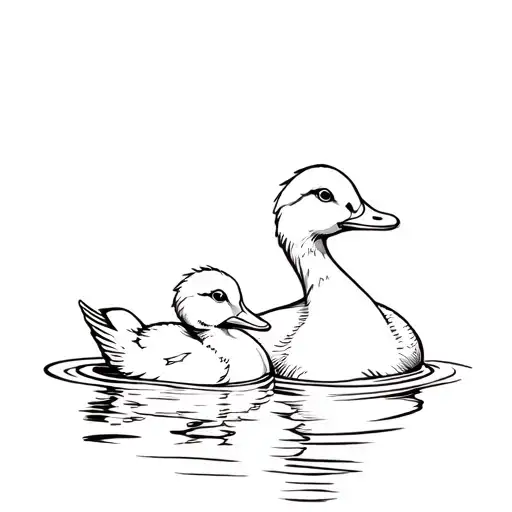 Linework Momma Duck And Baby Duck Swimming Together