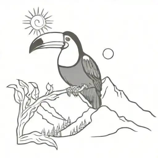 A Tattoo Of A Toucan In Front Of A Mountain With The Sun