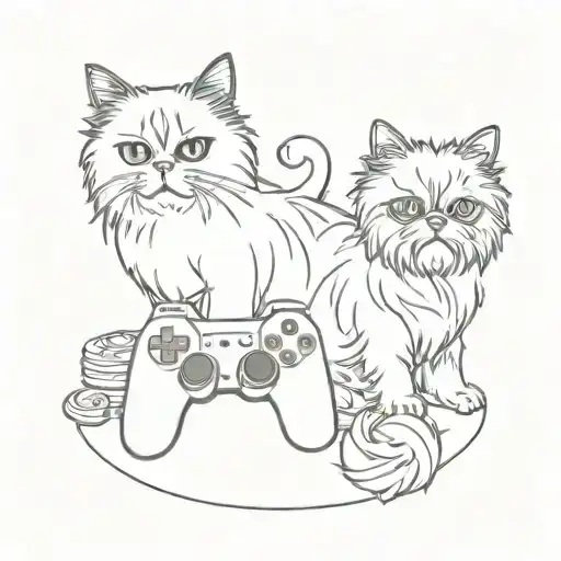 A Minimalist Tattoo Design Of A Persian Cat And A Yorkie Playing Video Games Together