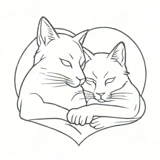 A Minimalist Tattoo Design Of A Cat And Dog Snuggled Together In A Heart Shape