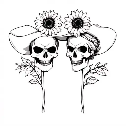 Cowboy Skull And Female Skull With Sunflowers Representing Love