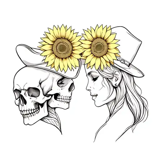 Cowboy Skull And Female Skull With Sunflowers Representing Love